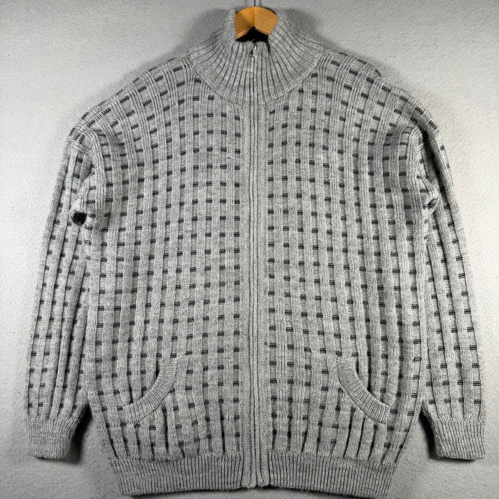 Alpaca Fina Mens XL Grey Black Full Zip Alpaca Wool Cardigan Sweater Peru Made
